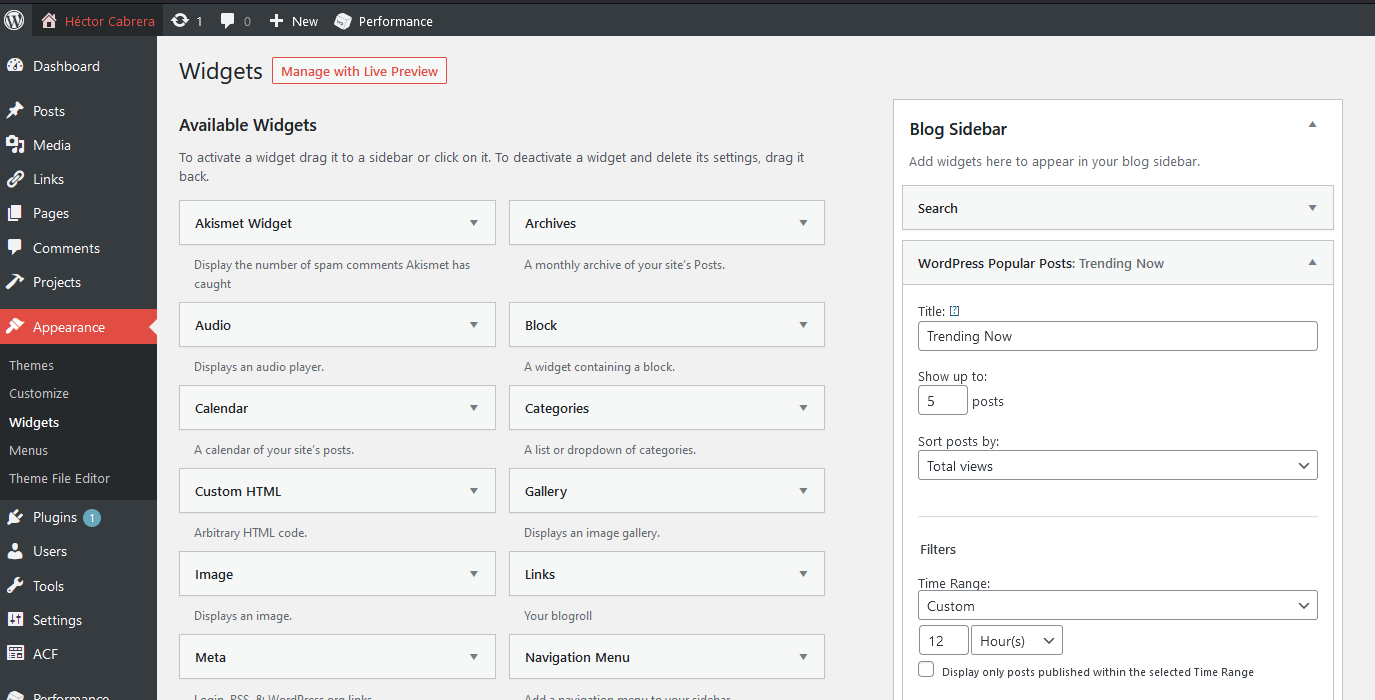 WordPress Popular Posts widget in Classic Widgets screen